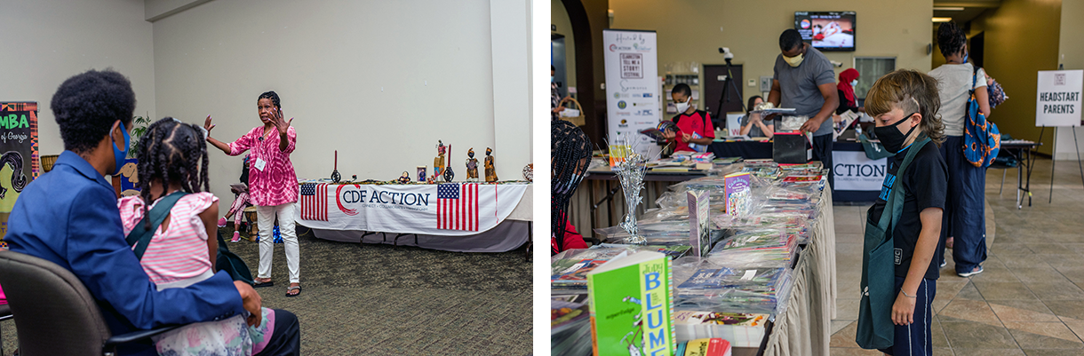 2021 Clarkston Tell Me a Story Festival. At left, Clarkston Vice Mayor Awet Eyasu and his daughter listen to a speaker, and at right, a child looks over the available books. Photos: Virginia Reese Pho