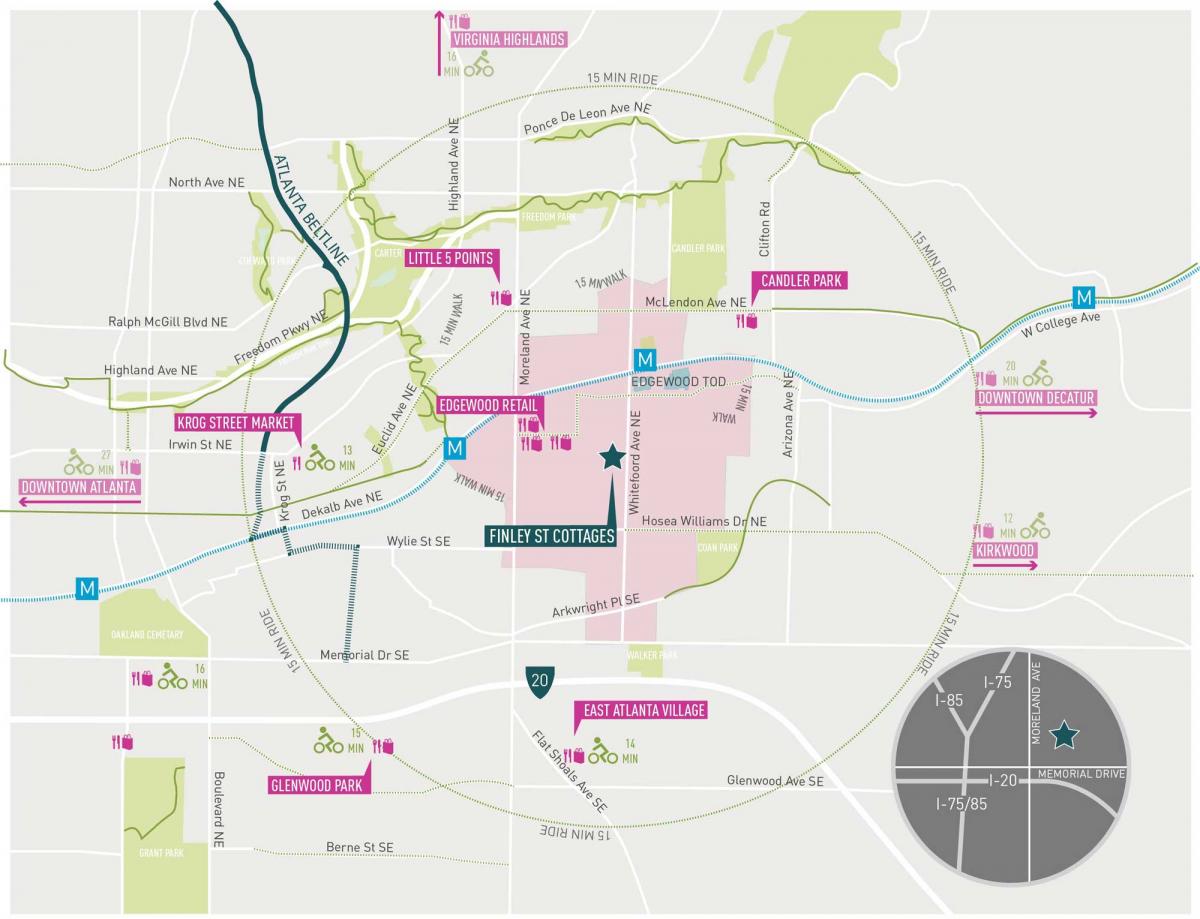  A context map of Finley Street Cottages in relation to the surrounding neighborhoods in the immediate Atlanta metro, located in a mobility rich neighborhood. Source: Kronberg Urbanists + Architects