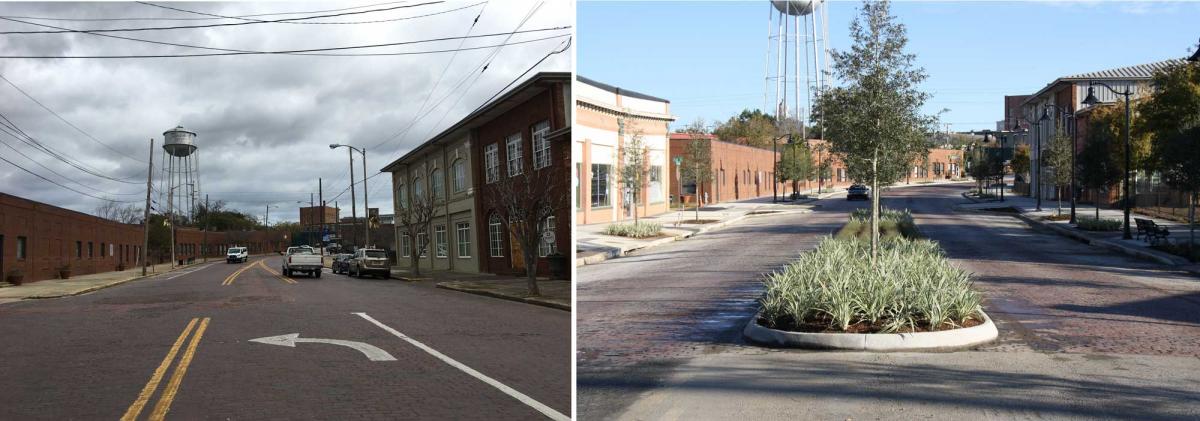 This photo emphasizes the elimination of left-hand turning lanes downtown and their replacement with landscaped medians. In collaboration with the fire department, the City installed mountable curbing