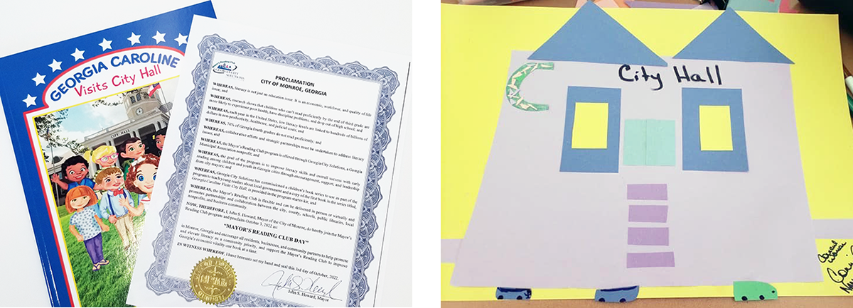 Left: Monroe Mayor John Howard proclaimed October 3, 2022 Mayor's Reading Club Day. Photo: City of Monroe. Right: Art activity incorporated into Storytime with Conyers Mayor Vince Evans by the Nancy G