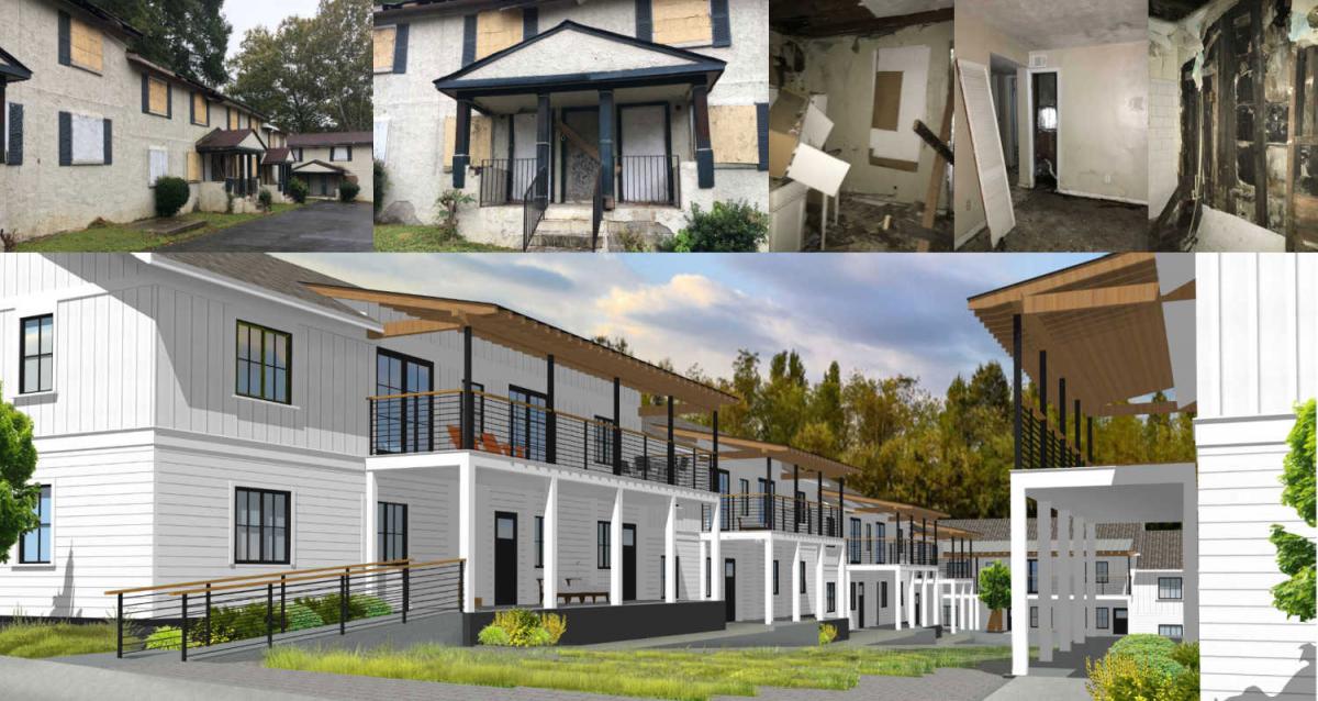 Abandoned townhouse units turned into a courtyard development in the rendering above by Jones Pierce Studios.