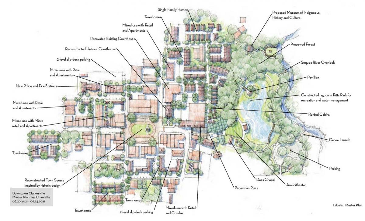 Labeled master site plan for the town. Source: Lew Oliver Inc.