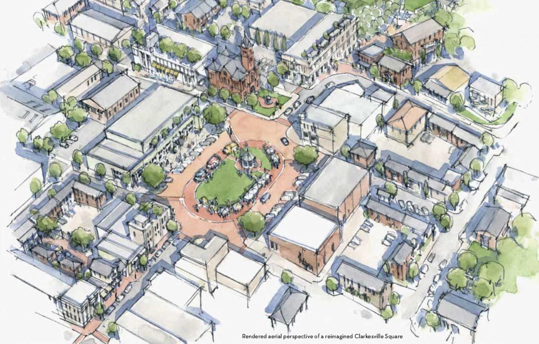 Rendering of Clarkesville, with restored square. Source: Lew Oliver Inc.