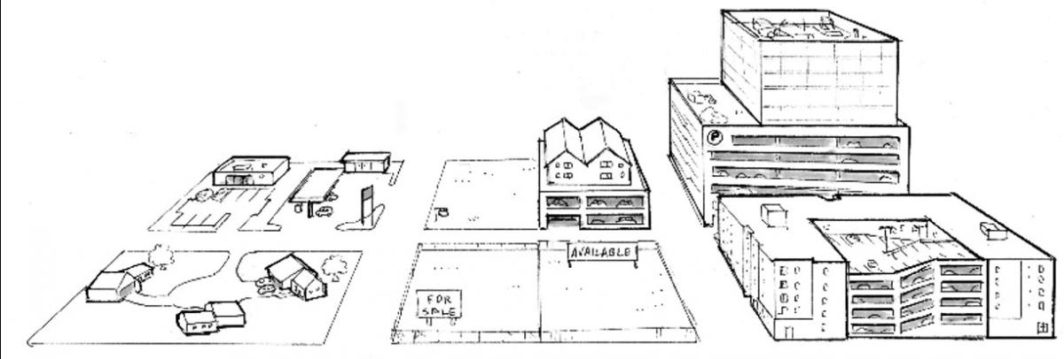 Alfred Twu illustrates the valley of high parking requirements, from Paved Paradise by Henry Grabar.