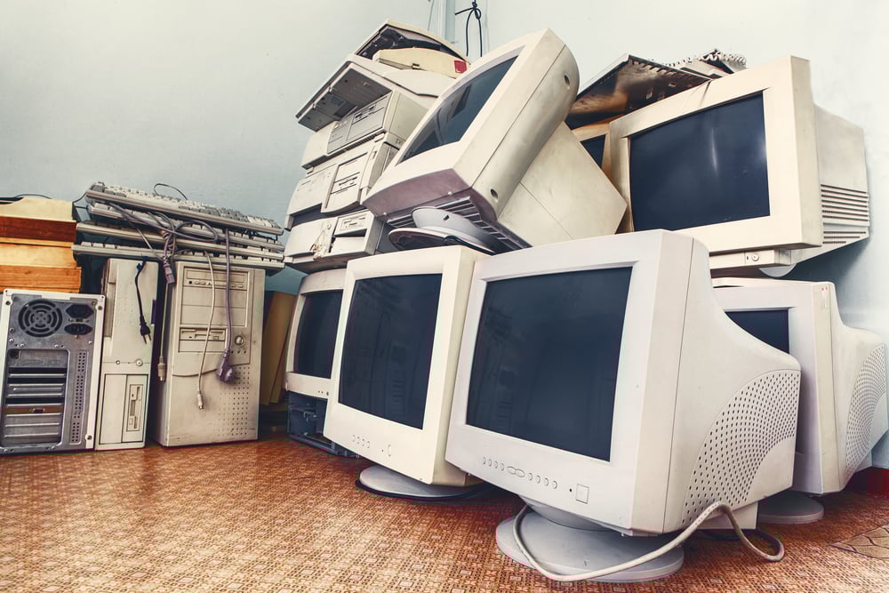 Old computers in a storage room.
