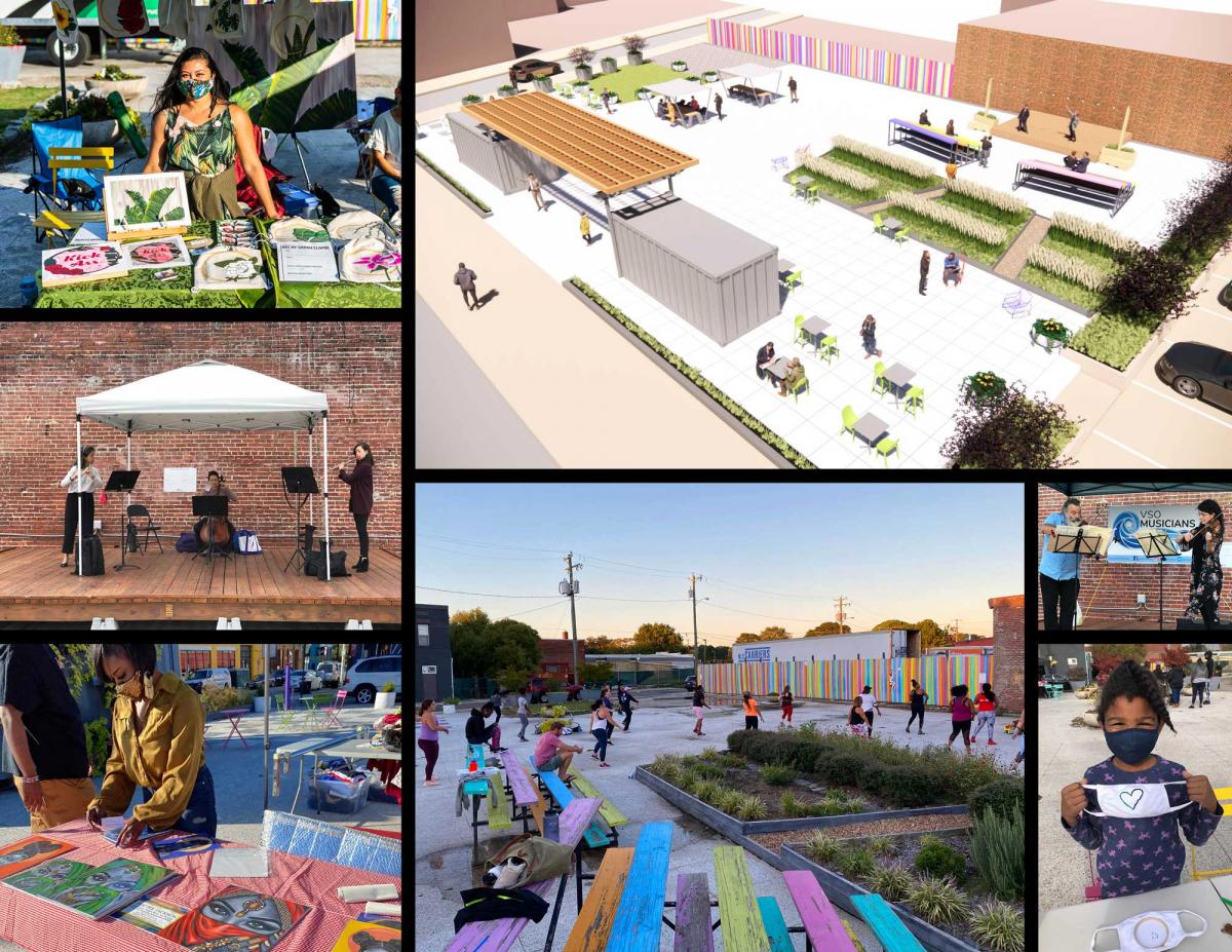 The PLOT Neighborhood Spot in Norfolk-3D plan and images of families, vendors, artist market, and the Virginia Symphony performance.