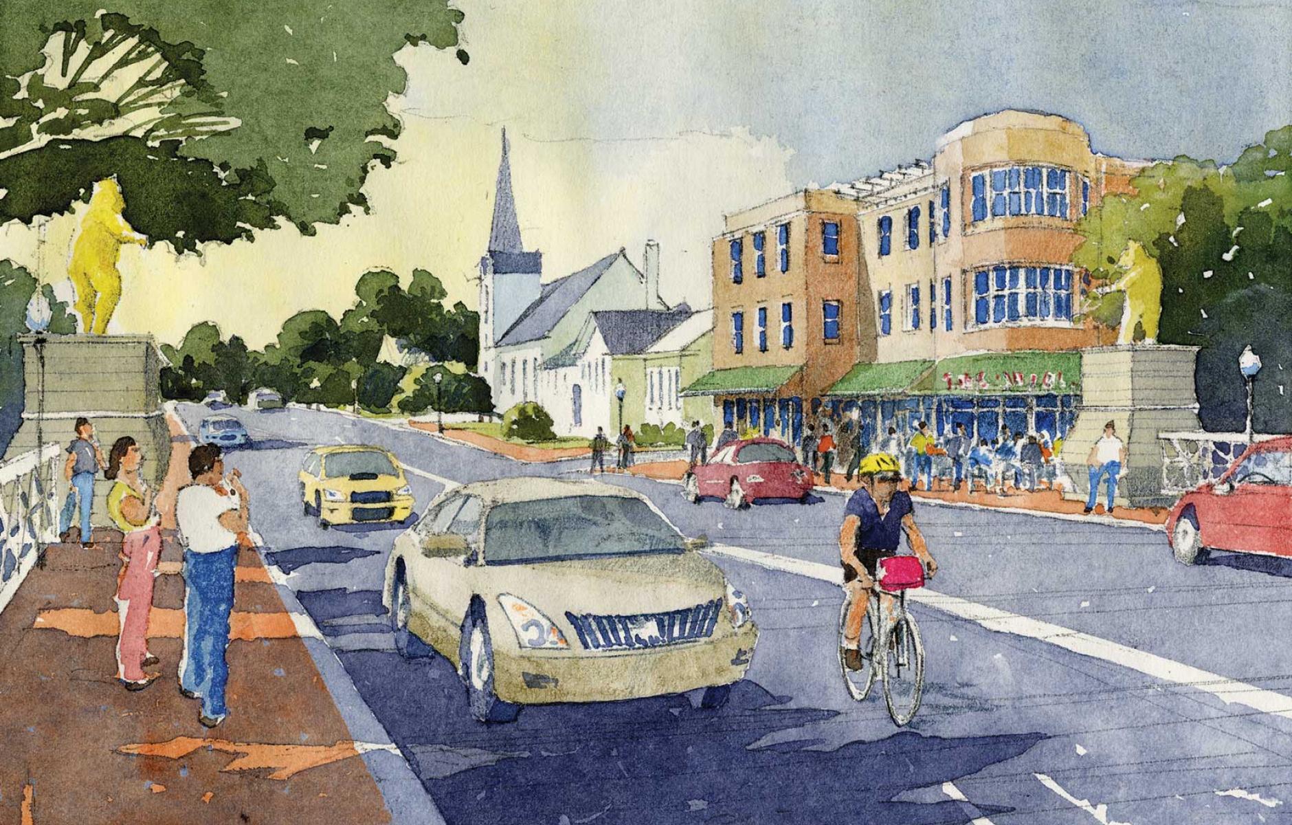 Mixed use on Oglethorpe Street, Macon. Rendering by Dhiru Thadani