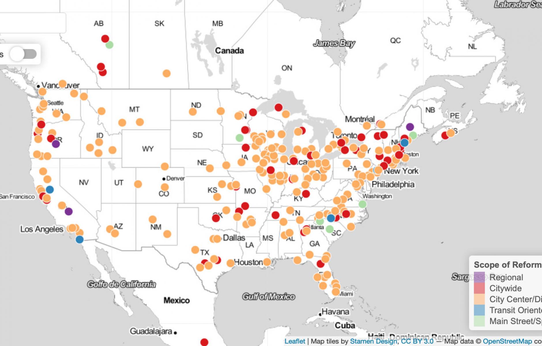Map of jurisdictions in North America that have reformed parking laws. Source: Parking Reform Network