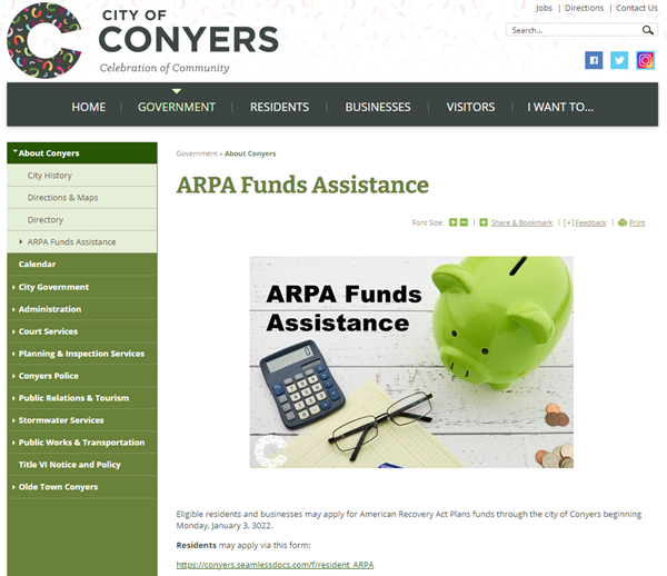 Screenshot-2022-04-07-140231.png A screenshot of the "ARPA Funds Assistance" webpage on City of Conyers' website.